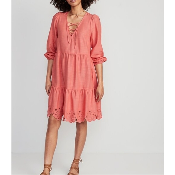 Tiered Lace-Up Mini Swing Dress Eyelet Floral Hem Coral Long Sleeve M. - Picture 3 of 17